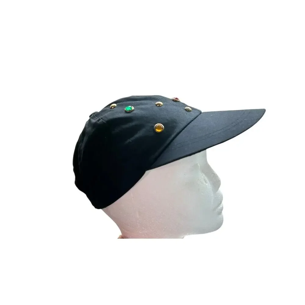 Vtg Black Studded Gemstone Unisex Hat 90s Streetwear cap- Black Gold Accents- OS - Picture 7 of 11